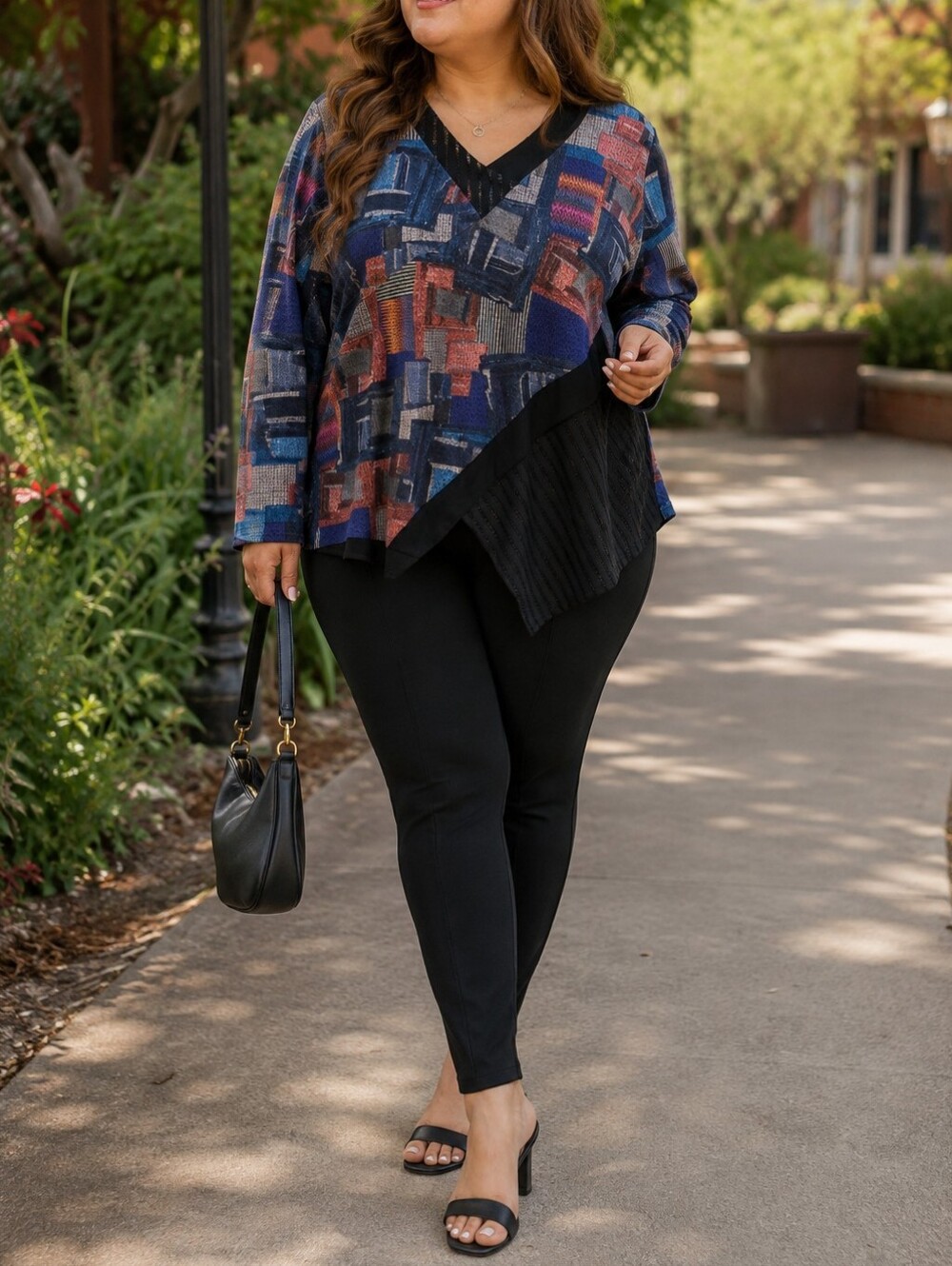 Papa Vancouver Multicolor Geometric V-Neck Asymmetrical Long Sleeve Tunic Top